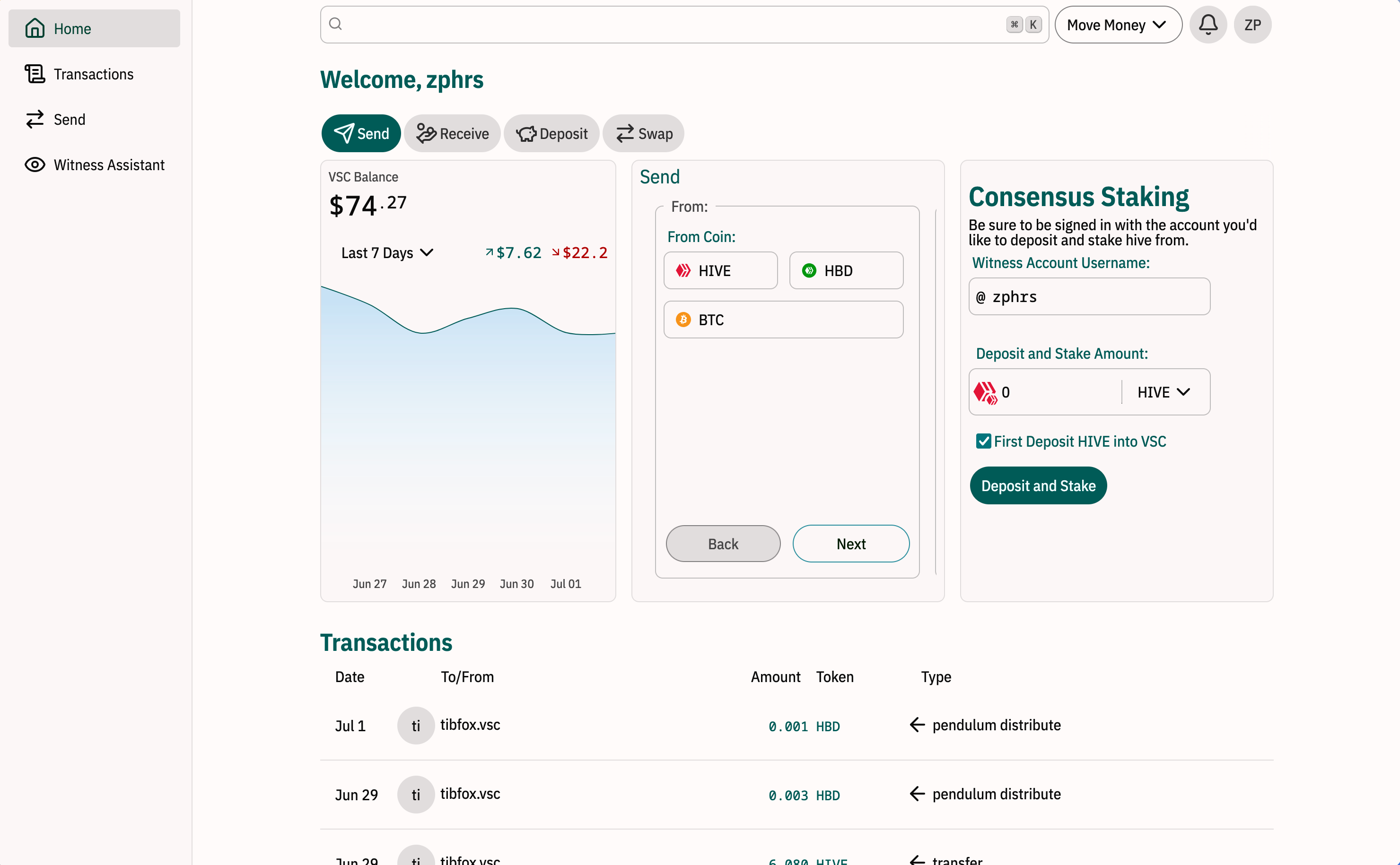 Altera dashboard showing transactions and widgets